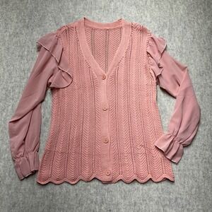 Womens Pink Knit Cardigan Ruffle Shear Sleeve‎ Button Front Sweater Top LG NWOT